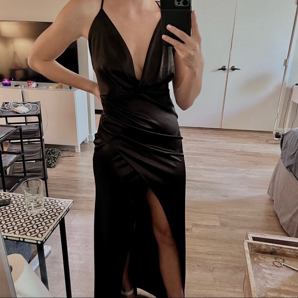 Black Satin Strappy Maxi Dress with High Front Slit